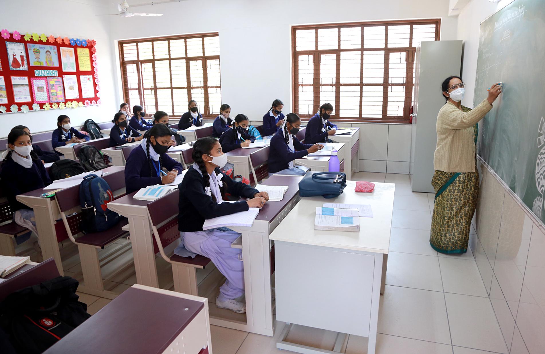 Students attending a class at Rajkiya Kanya Vidyalaya