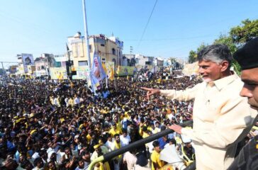 N Chandrababu Naidu addresses supporters during a roadshow