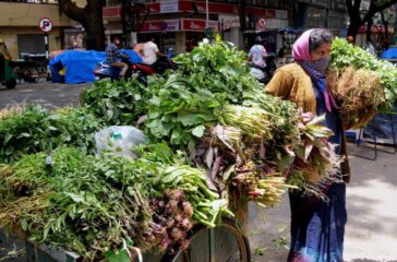 A woman street vendor sells vegetables during lockdown