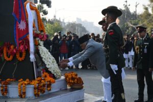 President Ram Chandra Poudel lays wreath at the statue of Prithvi Narayan Shah