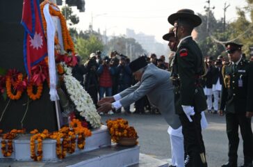 President Ram Chandra Poudel lays wreath at the statue of Prithvi Narayan Shah