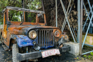 The blue car of Ba-2-Cha 1842, used by saint leader Krishna Prasad Bhattarai, could not escape being set on fire by protesters.
