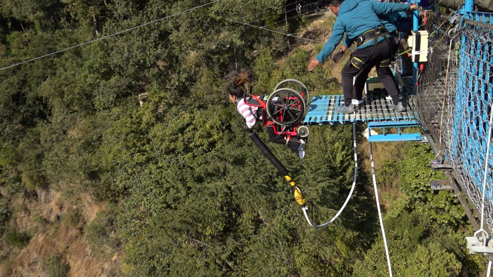Nepal's first ever wheelchair bungee jump by a disabled woman